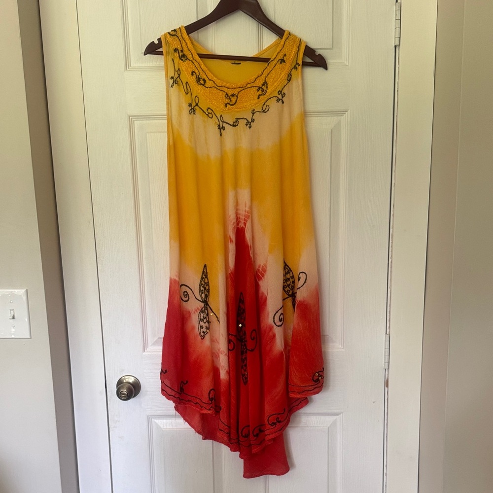 Elegant Yellow, Gold, &  Red Sleeveless Asymmetrical Maxi Dress